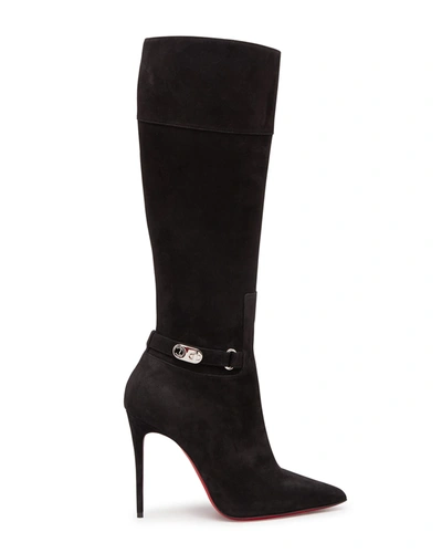 Shop Christian Louboutin Lock Kate Suede Tall Red Sole Boots In Black