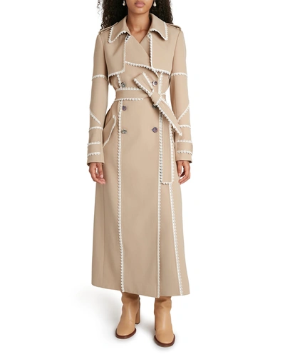Shop Chloé Double-breasted Belted Trench W/ Scalloped Leather Ribbons In Pearl Beige