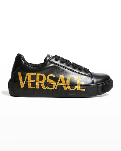 Shop Versace Kid's Logo Leather Greca Low-top Sneakers In Black Gold