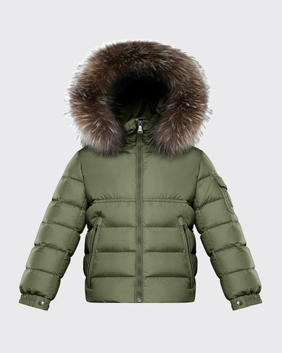 Shop Moncler Boy's Byron Quilted Fur-trim Jacket In 89a Army Green