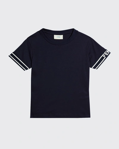 Shop Fendi Boy's Contrast-striped Logo Shirt In F0qb0 Navy
