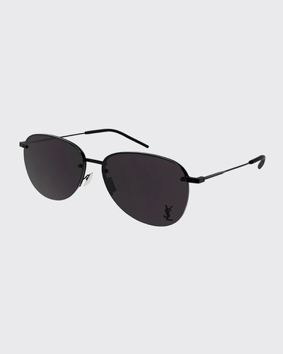 Shop Saint Laurent Men's Ysl Half-rim Metal Aviator Sunglasses In Semimatte Black