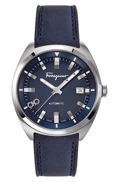 Shop Ferragamo Evolution Automatic Leather Strap Watch, 40mm In Blue Stainless
