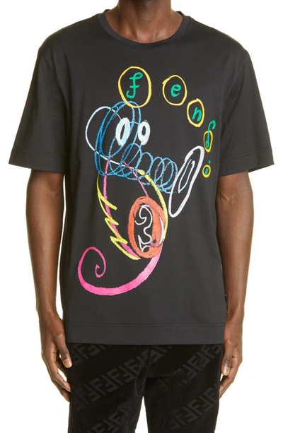 Shop Fendi X Noel Fielding Seahorse Embroidered Cotton Graphic Tee In Black
