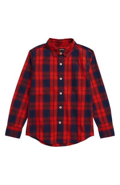 Shop Nordstrom Stripe Poplin Button-up Shirt In Red Scarlet- Navy Plaid