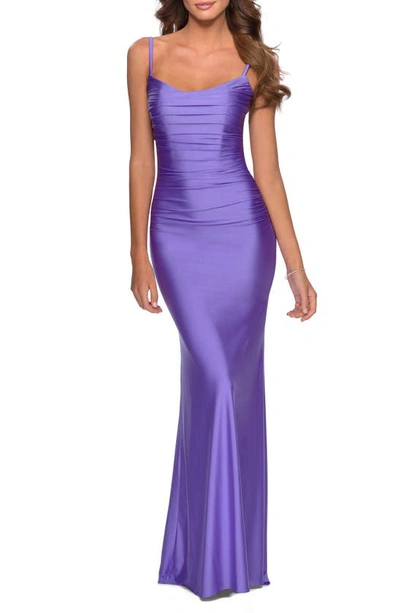 Shop La Femme Strappy Back Ruched Trumpet Gown In Periwinkle