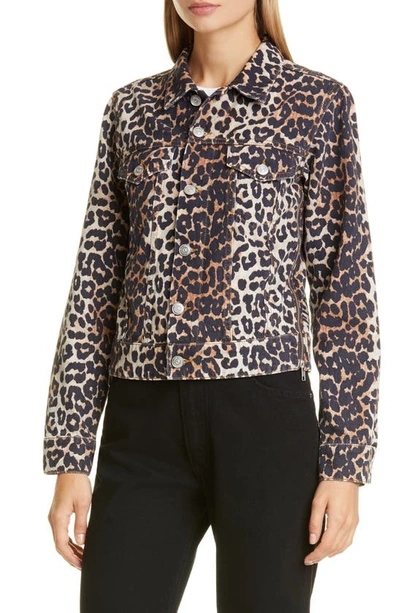 Shop Ganni Leopard Print Side Zip Denim Jacket