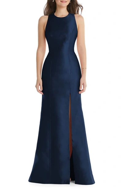 Shop Alfred Sung Jewel Neck Open Back Gown In Midnight