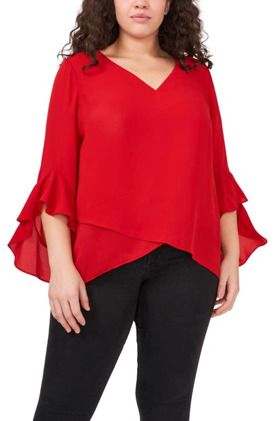 Shop Vince Camuto Flutter Sleeve Crossover Georgette Tunic Top In Red