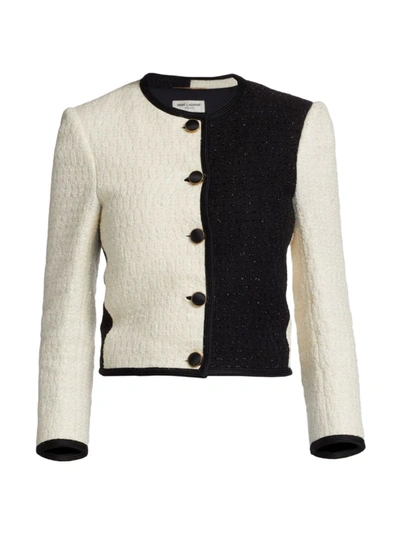 Shop Saint Laurent Two-tone Tweed Jacket In Craie