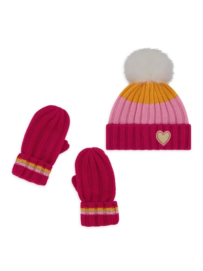 Shop Andy & Evan Little Girl's 2-piece Knit Pom-pom Beanie & Mittens Set In Neutral