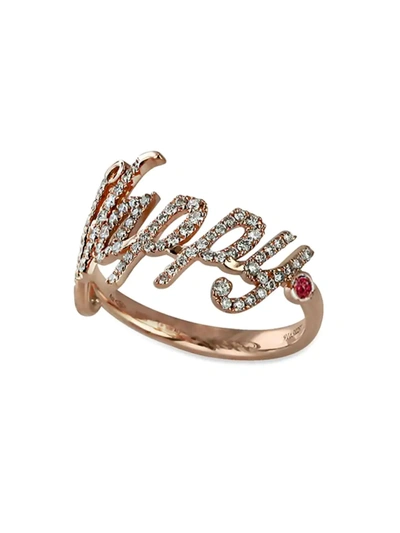 Shop Jacob & Co. Women's Sentiments 18k Rose Gold, Ruby & Diamond Happy Ring