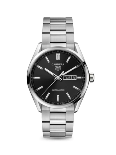 Shop Tag Heuer Carrera Stainless Steel & Black Dial Day-date Automatic 41mm Bracelet Watch In Silver