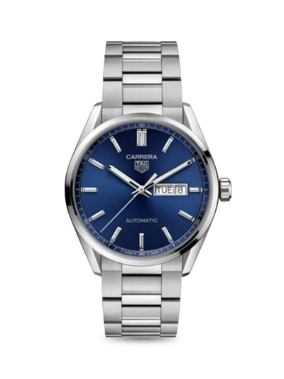 Shop Tag Heuer Men's Carrera Stainless Steel & Blue Dial Day-date Automatic 41mm Bracelet Watch In Silver