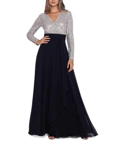 Shop Xscape Sequined Chiffon Gown In Black/nude/silver