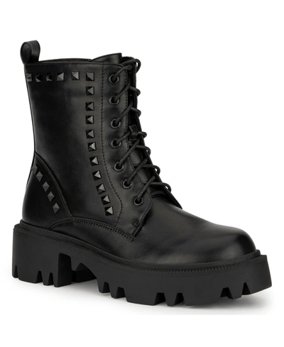 Shop Olivia Miller Women's Zoey Studded Combat Narrow Calf Boot Women's Shoes In Black