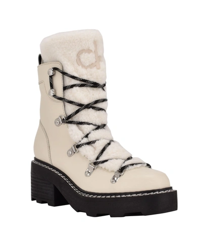 Shop Calvin Klein Women's Alaina Heeled Lace Up Cozy Lug Sole Winter Cold Weather Boots In Chic Cream Leather