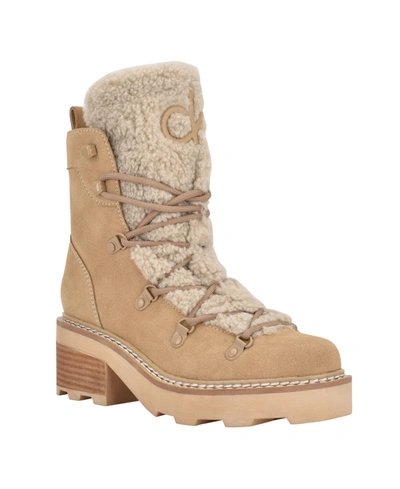 Shop Calvin Klein Women's Alaina Heeled Lace Up Cozy Lug Sole Winter Cold Weather Boots In Beige Suede