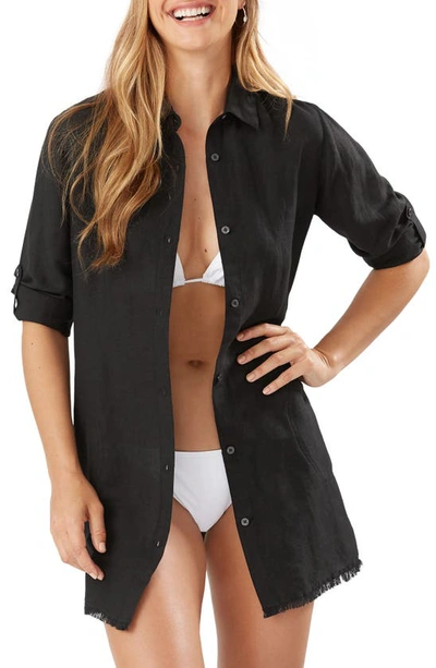 Shop Tommy Bahama Lucia Linen Blend Boyfriend Shirt In Black