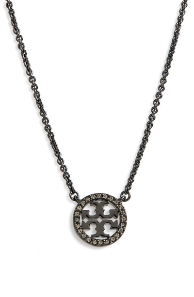 Shop Tory Burch Pavé Logo Pendant Necklace In Hematite / Crystal