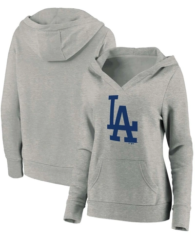 Fanatics Plus Size Heathered Gray Los Angeles Dodgers Official Logo Crossover V-neck Pullover Hoodie In Heather Gray