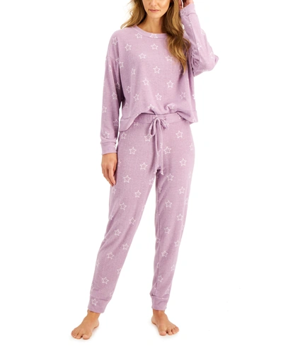 Shop Jenni Knit Long Sleeve Top & Jogger Loungewear Set, Created For Macy's In Stripe Outline Lavender