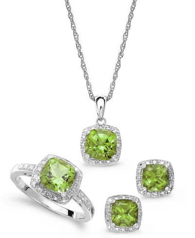 Shop Macy's Sterling Silver Jewelry Set, Peridot (4-3/4 Ct. T.w.) And Diamond Accent Necklace, Earrings And Ring