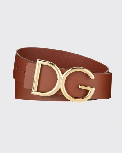 Shop Dolce & Gabbana Men's Leather Belt W/ Logo Buckle In Brown