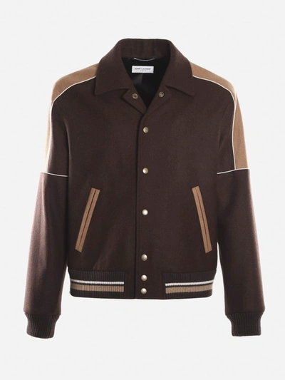 Shop Saint Laurent Teddy Wool Jacket With Wool Inserts In Brown