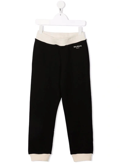 Shop Balmain Black Kids Joggers With Contrast Logo And Profiles In Nero E Beige