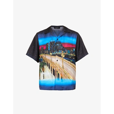 Shop Amiri Mens Black City Graphic-print Silk Shirt L