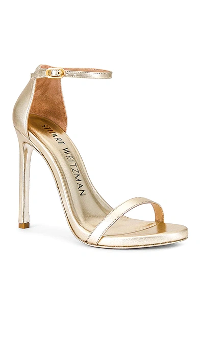 Stuart Weitzman Nudist Metallic Ankle-wrap Platform Sandals In Metallic Gold