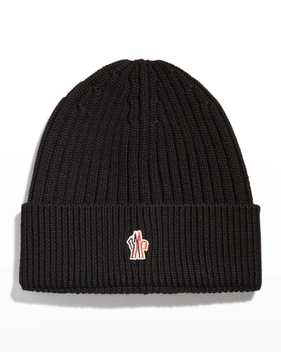 Shop Moncler Men's Wool Knit Beanie Hat With Logo In Black