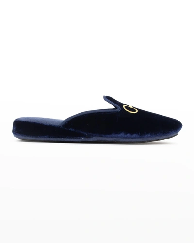 Shop Patricia Green Milano Embroidered Velvet Slippers In Navy