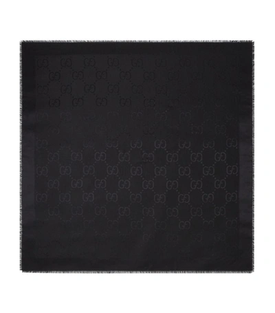 Shop Gucci Silk-wool Gg Logo Shawl In Black