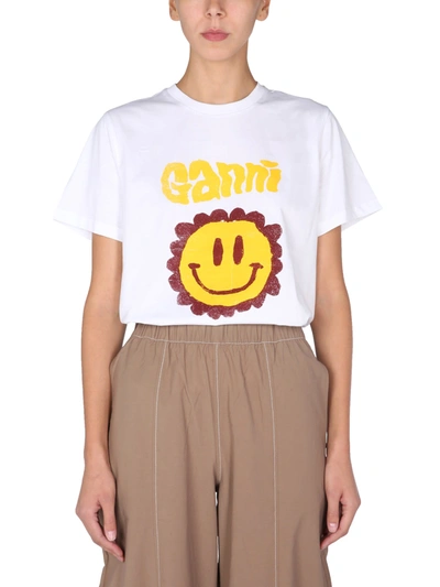 Shop Ganni Crew Neck T-shirt In Bianco