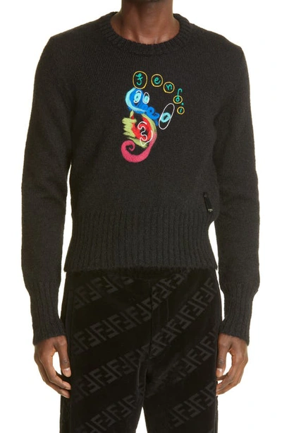Shop Fendi X Noel Fielding Seahorse Embroidered Mohair Blend Sweater In Black