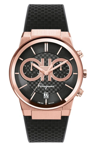 Shop Ferragamo Sapphire Chronograph Silicone Strap Watch, 41mm In Black Rose Gold