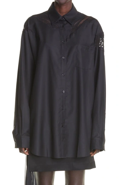 Peter Do Flame Lace Cutout Oversize Wool Blend Shirt In Black  