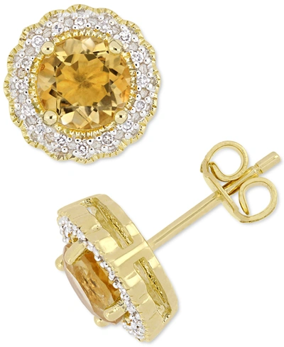 Shop Macy's Citrine (1-1/2 Ct. T.w.) & Diamond (1/10 Ct. T.w.) Halo Stud Earrings In 18k Gold-plated Sterling Si