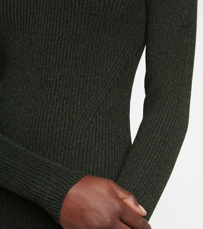 Shop Ganni Ribbed-knit Midi Dress In Dark Green