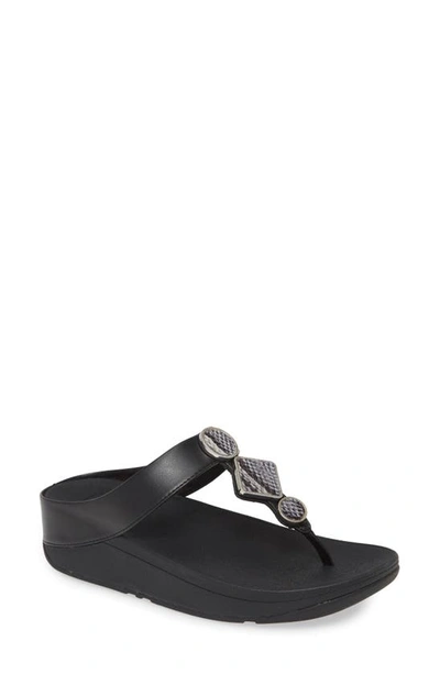 Shop Fitflop Leia Embellished Flip Flop In All Black Faux Leather