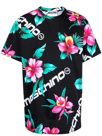 Shop Moschino Hibiscus Logo-print Cotton T-shirt In Schwarz