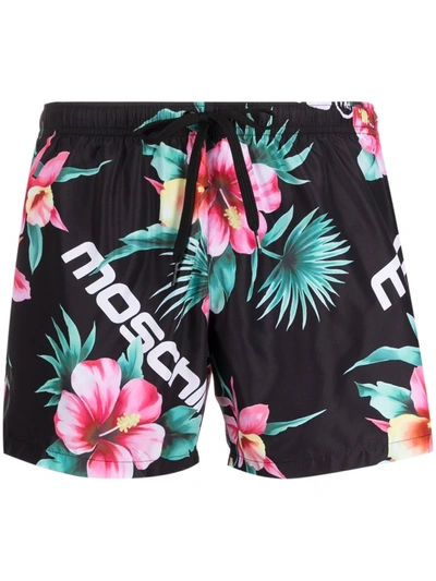 Shop Moschino Hibiscus-print Swim Shorts In Schwarz