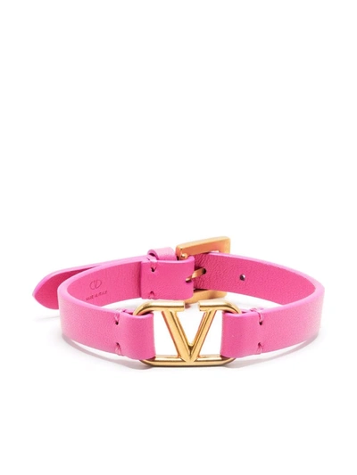Shop Valentino Vlogo Leather Bracelet In Rosa