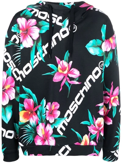 Shop Moschino Floral-print Pullover Hoodie In Black