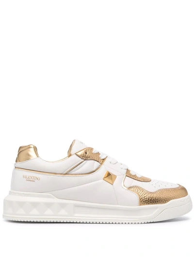 Valentino One Stud Leather Sneakers With Contrasting Inserts In White