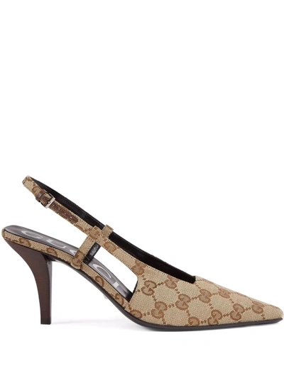 Shop Gucci 75mm Gg Supreme-canvas Pumps In Neutrals