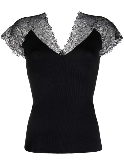 Shop Maje Lace-panelled V-neck Top In Black