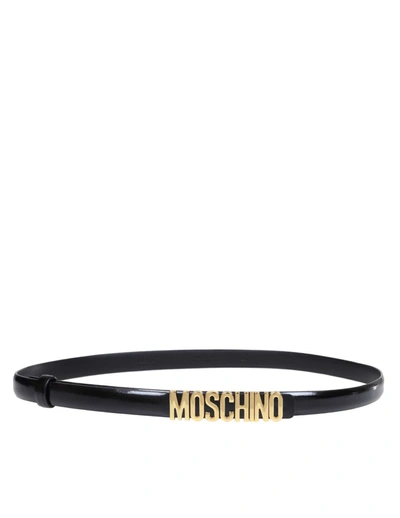 Shop Moschino Belt With Gold Lettering Mini Logo In Black